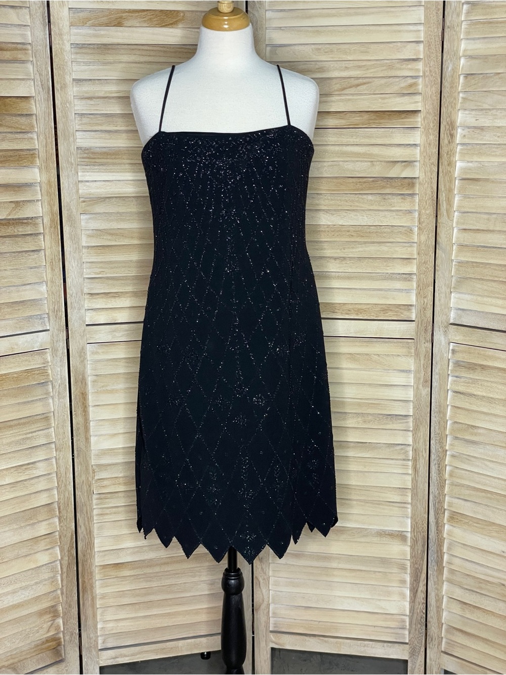 Black Beaded Spaghetti-Strap Evening LB Onyx Nite Dress Size 12 Zigzag Hem